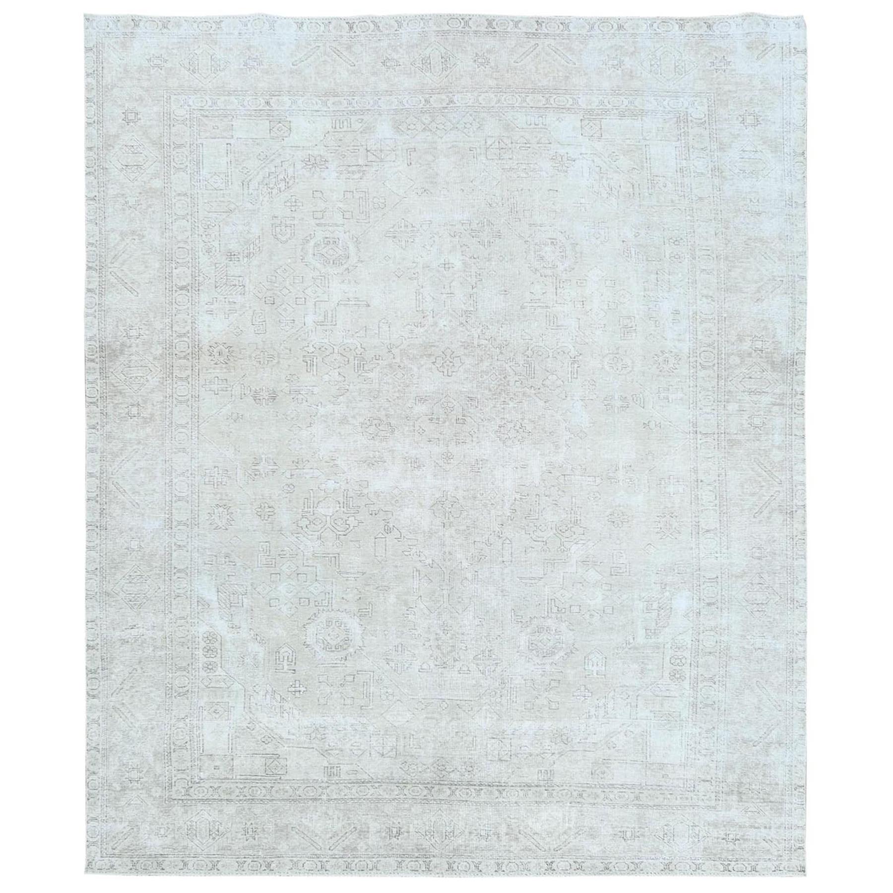 9'6"x12'7" Ivory, Vintage Persian Tabriz Cropped Thin Distressed Look, Shabby Chic Worn Wool Hand Knotted, Oriental Rug 